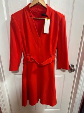 Karen Millen Red V-Neck Belted Long Sleeve Dress